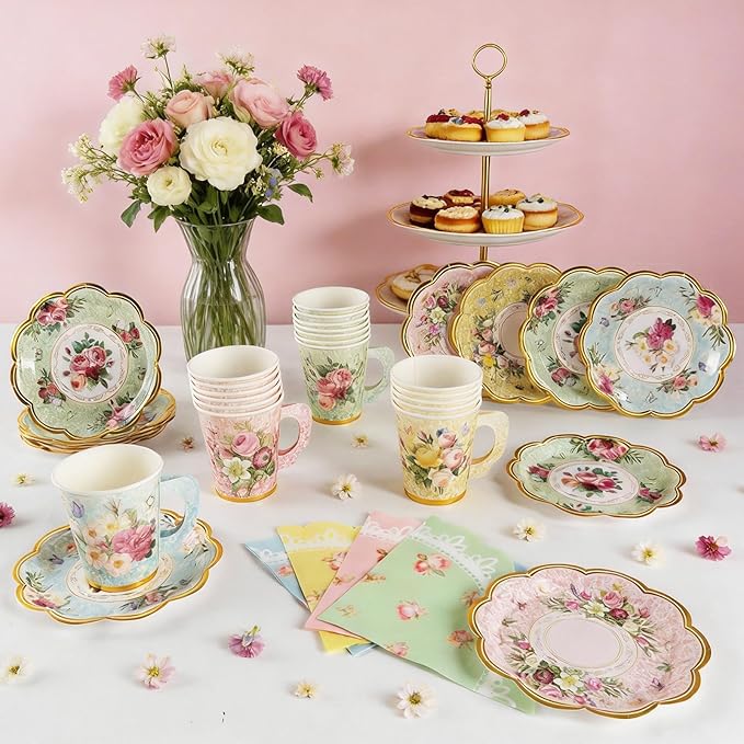 280PCS Spring Tea Party Decorations, Floral Paper Tea Cups & Saucer Set, Disposable Floral Cups With Handle Napkins Plates Knives Forks for Girls Kids Afternoon Tea Birthday, Wedding Party Supplies