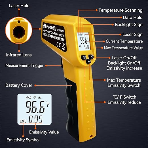 Infrared Thermometer Temperature Gun - 58 ℉~1022 ℉ (- 50 ℃~550 ℃) Non-Contact Digital Laser Infrared Ir Thermometer for Cooking, Barbecue, Food, Repair, Pet Care and Home Use(Yellow)