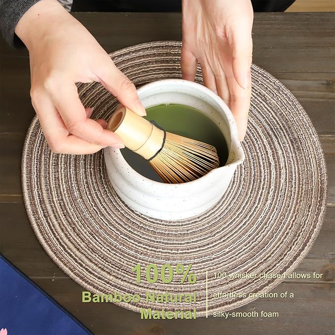 Mottled White Matcha Whisk Set, Ceramic Matcha Kit Set Gift Present Includes Matcha Bowl, Matcha Whisk and Holder, Bamboo Scoop, Scoop Rest, Sifter and Tea Towel - 7 Pcs Kit for Matcha Lovers