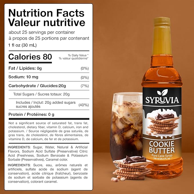 Syruvia Coffee Syrup, Cookie Butter Flavored Syrup for Drinks, Lattes, and Desserts – 25.4 fl oz