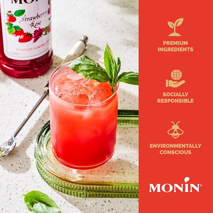 Monin - Strawberry Rose Syrup, Strawberry Rose Flavoring, Flavored Syrup, Coffee Flavoring, Natural Flavoring, Great for Lattes, Teas, Lemonades, Cocktails, & More (1 Liter) - Image 4