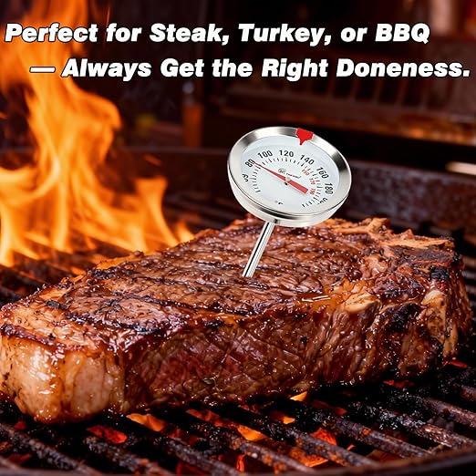 Oven Safe Meat Thermometer for Roasting and Grilling, 2-Inch Large Dial Analog Food Thermometer with Adjustable Target Marker, 304 Stainless Steel 4.3" Probe, Leave in Oven for Turkey, Beef
