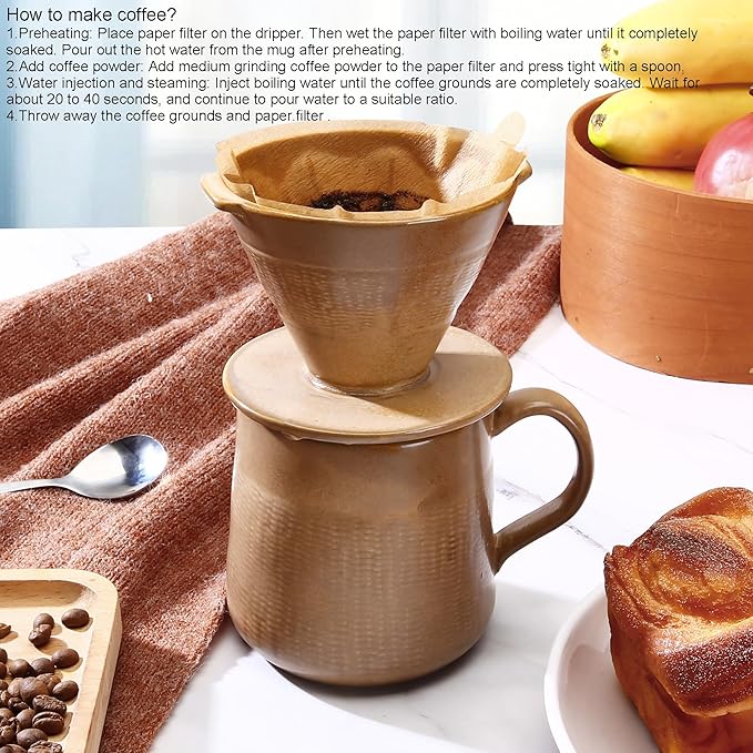 Pour Over Coffee Maker Set - 300ml Ceramic Mug with Dripper & 100 Small Cone Filters, Brown