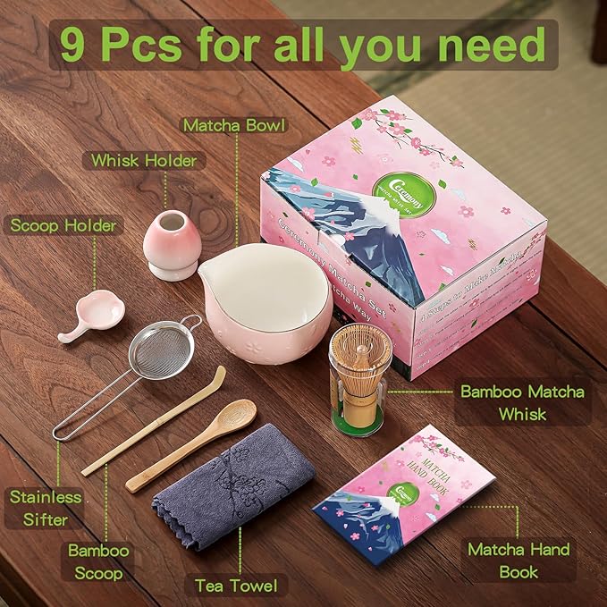 Clay&Fire Matcha Whisk Set, 9 pcs Ceramic Matcha Set, Gifts for Women,Matcha Bowl with Spout and Whisk, Matcha Kit for Matcha Lovers, Ideal Gift Christmas, Birthday, Anniversary (Cherry Bloom-Pink)