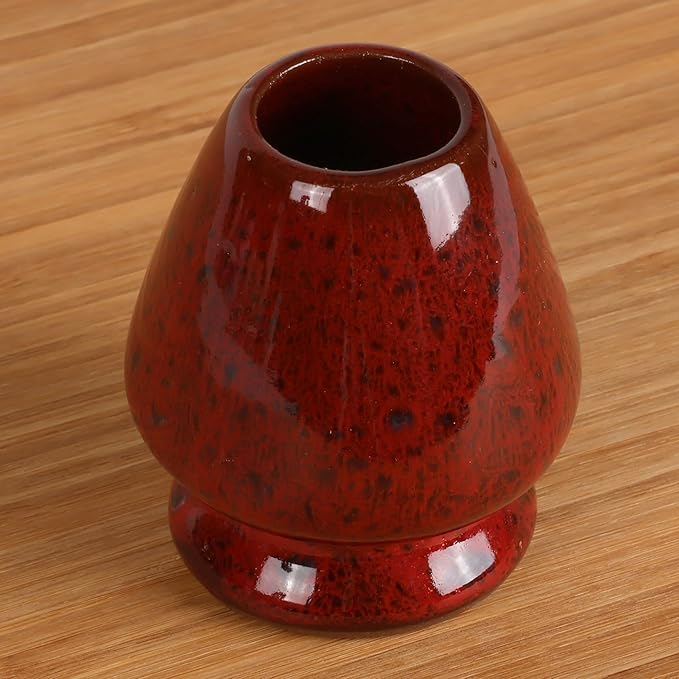 Matcha Tea Bamboo Whisk And Ceramic Rest 2 Piece Set - Deep Red with Black Holder - 1 Set