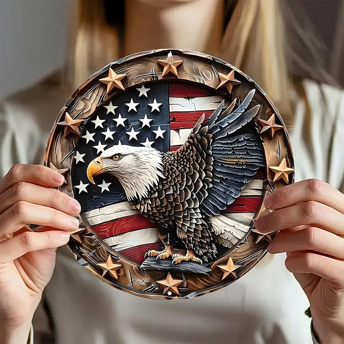 Eagle Wings Patriotic Aluminum Metal Wall Art - Weatherproof Round American Flag with Bald Eagle Decor, Pre-Drilled HD Print Sign for Home, Garage, Bar, Cafe - 8-Inch Diameter - Image 4