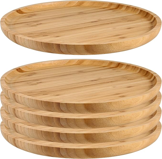 JOIKIT 5 Pack 12 Inch Bamboo Round Platter, Fine Polished Round Wood Plates Bamboo Serving Tray for Holding Fruit, Bread, Cheese, Nut, Coffee, Tea, Plant Saucer