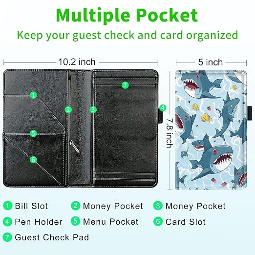 Server Books for Waitress, with 7 Large Pockets, Waiter Serving Book, Waitstaff Server Order Pads, Cute PU Leather Server Book with Pen Holder Fit Server Apron, Cartoon Sharks - Image 3
