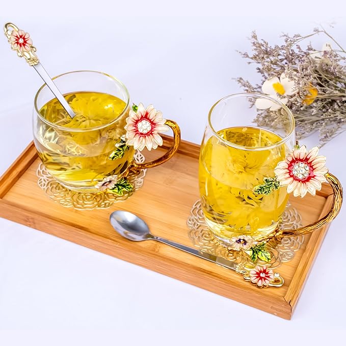 Flower Tea Cup,Butterfly Daisy Glass Fancy Coffee Mug with Spoon,Gift Box for Her Mom Wife Grandma Girls Friends Valentines Christmas Birthday Present Idea for Juice,Hot/Cold Drinks Use (purple)
