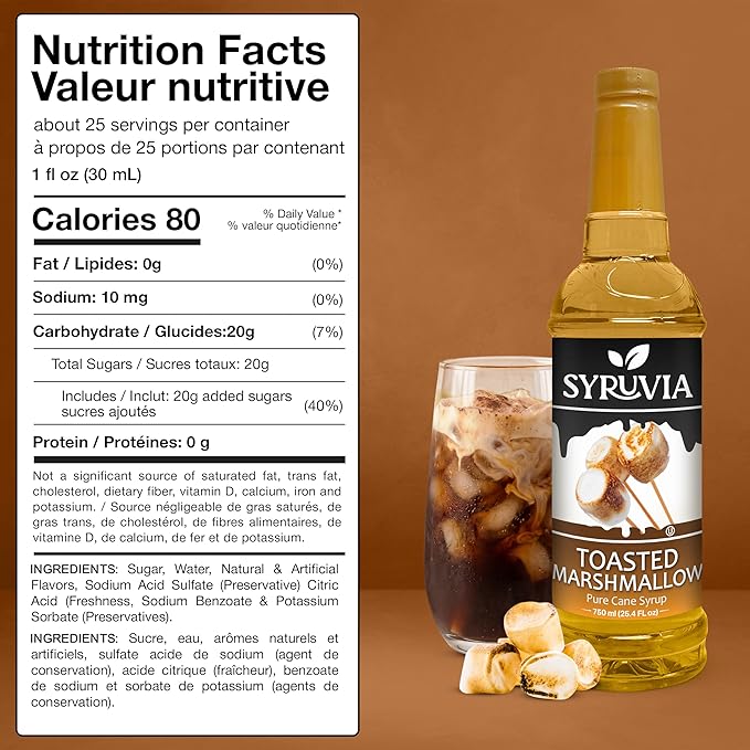 Syruvia Coffee Syrup, Toasted Marshmallow Flavored Syrup for Drinks, Lattes, and Desserts – 25.4 fl oz, With Pump
