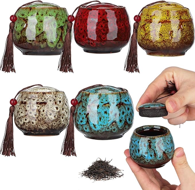 5Pcs Mini Tea Storage Containers Vintage Chinese Style Tea Leaves Sealing Can Portable Ceramic Tea for Coffee Candy Chocolate Sugar Spices (random color)