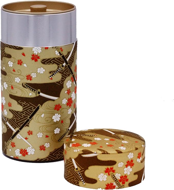 Washi Paper Tea Tin Canister: Long 7oz (200g) Golden Kimono -Katana Sward design (#SP23-E), Japan