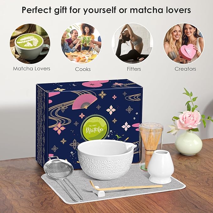 Matcha Whisk Set Matcha Kit - 7 Pcs Japanese Tea Set Includes Matcha Bowl with Spout,Bamboo Whisk with Ceramic Holder,Bamboo Scoop and Rest,Sifter,Tea Towel, for Ceremony Matcha Lovers Gift,White