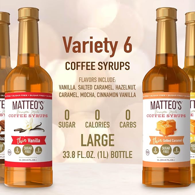 Matteo's Barista Style Sugar-Free Coffee Syrup, 6 Flavour Variety Pack, Zero Calories and Sugar, Keto-Friendly Coffee Syrups, Delicious Flavoured Coffee Syrup - 33.8 oz Syrup Bottles - Image 2