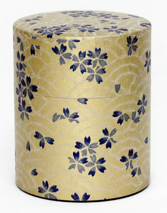 Washi Paper Tea Tin Canister: Wide 7oz (200g) Blue and Gold cherry blossoms (#106), Japan