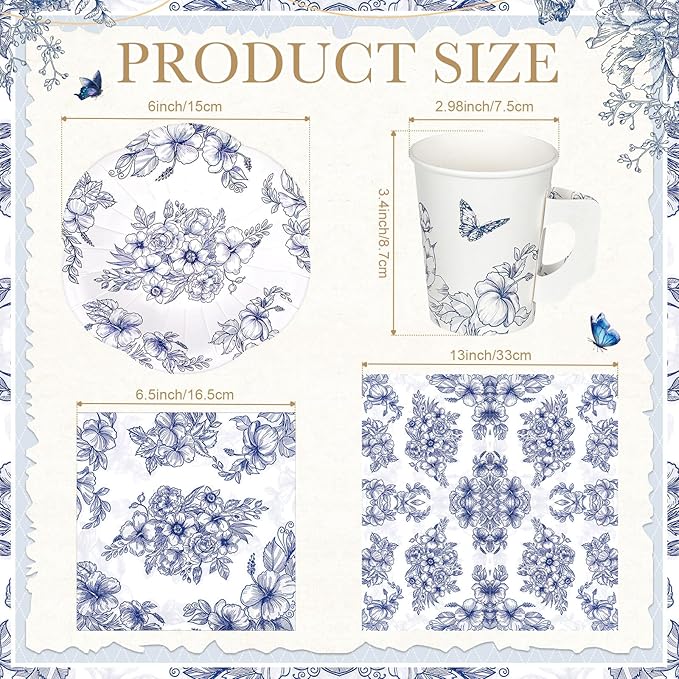 Vesici 150 Pcs Floral Tea Party Decorations for Table 9 oz Disposable Paper Tea Cups with Handles Plates, Saucers and Napkins Set for Spring Party Girl Birthday Wedding Mothers Day(Charming Style)