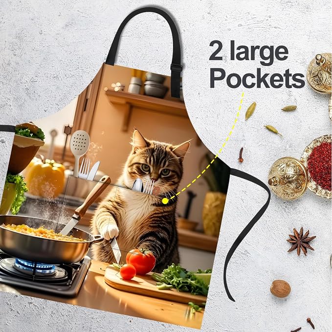 Funny Cat Apron with 2 Pockets Waterproof for Men Women Kitchen Garden Decor - Image 5