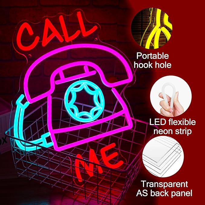 Call Me Neon Sign for Wall Decor Dimmable Retro Led Light Sign Bright Landline Light Up Sign Usb Powered Phone Neon Light for Home Bedroom Business Hotel Office Man Cave (15.35 * 12.6 in)