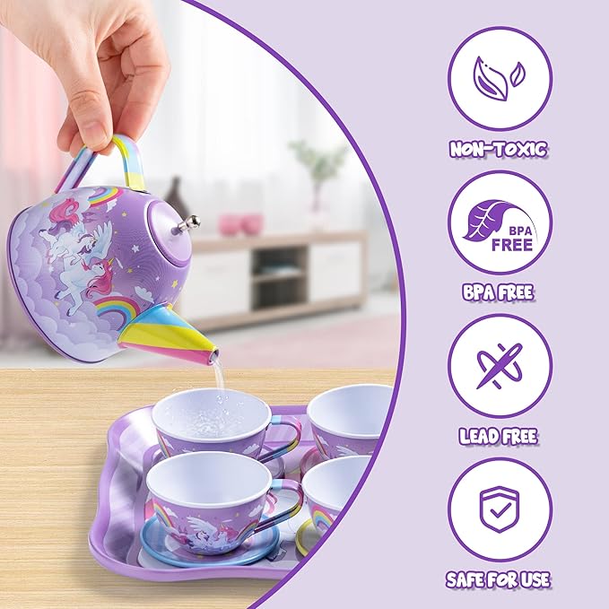 JOYIN Unicorn Tea Party Set for Little Girls, Pretend Purple Tin Teapot Set, Princess Tea Time Play Kitchen Toy with Teapot, Cup, Plate, Carrying Case for Kids Toddler Age 3+, Birthday Gifts