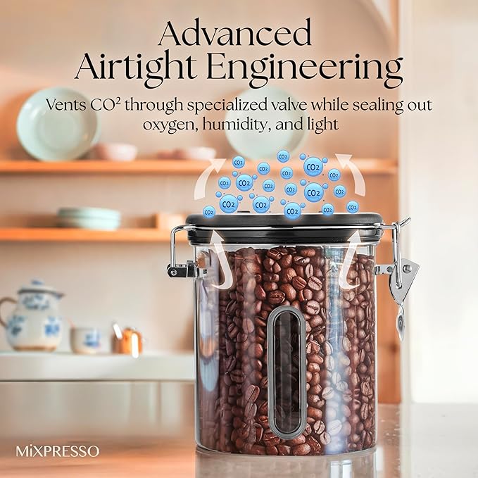Mixpresso 16 Oz Stainless Steel Coffee Canister with Scoop and Window – Airtight Coffee Container with CO2 Valve for Bean Storage, Date Tracker Lid