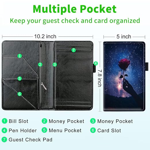 Server Books for Waitress, with 7 Large Pockets, Waiter Serving Book, Waitstaff Server Order Pads, Cute PU Leather Server Book with Pen Holder Fit Server Apron,Rose in Starry Sky - Image 3