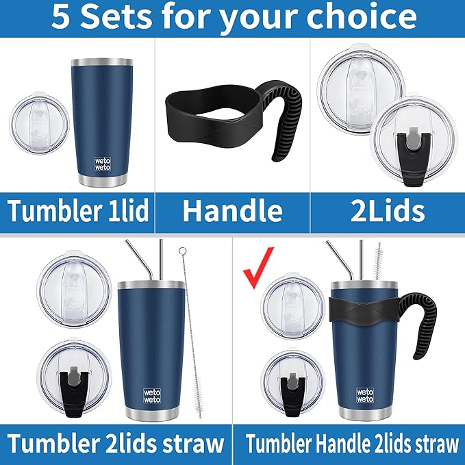 WETOWETO 20oz Tumbler with 2 lids and 2 straws, Stainless Steel Vacuum Insulated Water Coffee Tumbler with Handle, Double Wall Powder Coated Travel Mug Thermal Cup (Stainless, 1 Pack)