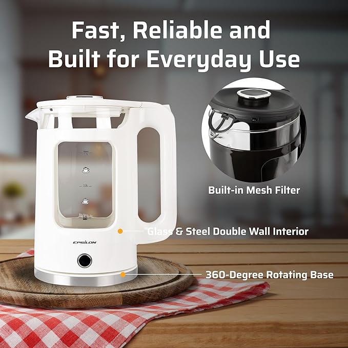 Epsilon 1.7L Glass Electric Kettle – Hot Water Tea Kettle with LED Light, Stainless Steel & Borosilicate Glass, Auto Shut-Off, BPA-Free Electric Teapot, 1100W Fast Boil, Cool Touch