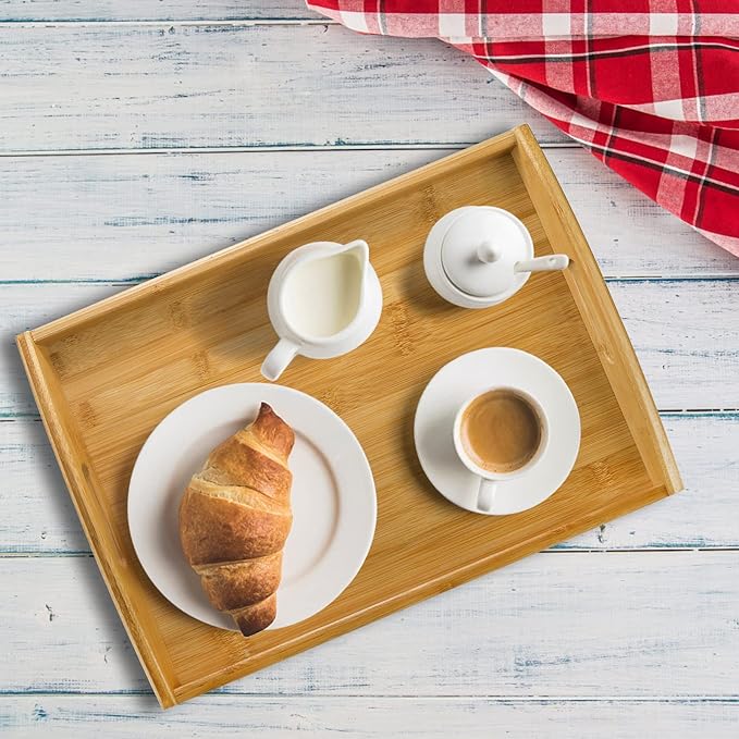 Peohud 4 Pack Bamboo Serving Trays with Handles, Rectangular Kitchen Food Tray for Eating, Dinner Trays for Eating on Couch, Wood Serving Platter for Breakfast, Tea, Bar, Restaurant, Party or Bed
