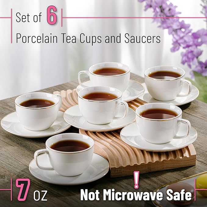 BTaT- Cappuccino Cups with Saucers 7 oz, Set of 6, White Porcelain Coffee Cup and Saucer Set for Latte with Golden Trim Design, Dishwasher Safe, Mocha, Tea, Au Lait, Flat White