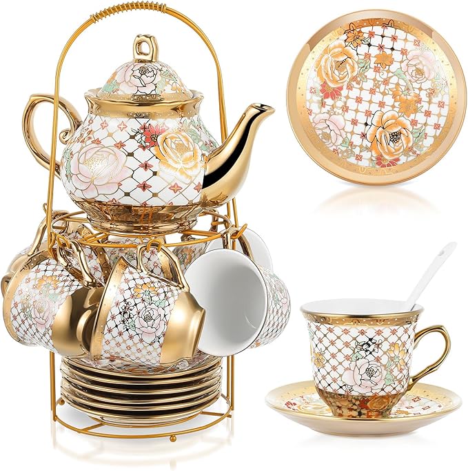 Zhehao 20 Pcs Porcelain Tea Set with Metal Holder and Spoon Adult Ceramic Tea Set European Flower Painting Teapot Cup Saucer Spoon for Women, Large Version(Delicate Style)