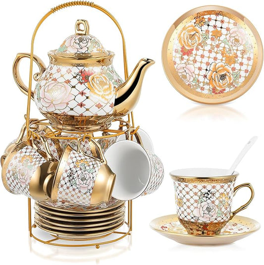 Zhehao 20 Pcs Porcelain Tea Set with Metal Holder and Spoon Adult Ceramic Tea Set European Flower Painting Teapot Cup Saucer Spoon for Women, Large Version(Delicate Style)
