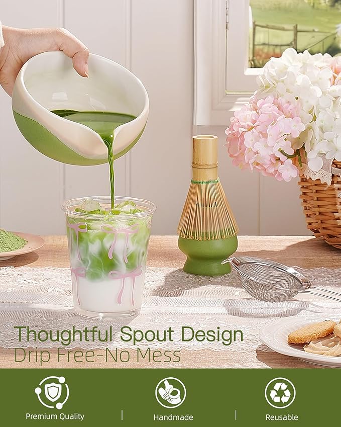 ZENS Matcha Whisk Set, 6pcs Matcha Kit Set, Matcha Bowl with Spout, Handcrafted Bamboo Whisk & Scoop, Chasen Holder, 304 Sifter & Tea Mat, Ideal Gift for Matcha Lovers, Birthday-Green