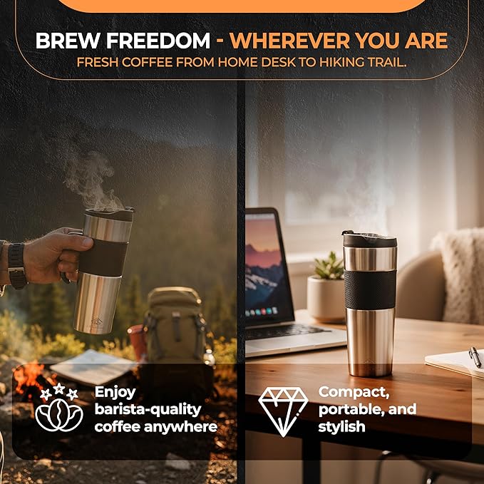 Travel French Press Black15oz Stainless Steel Double-Walled Vacuum Insulated Travel Coffee Mug with Leak-Proof Locking Lid, Keeps Coffee Hot 4 Hrs Portable for Camping, Office, Car, Premium Gift