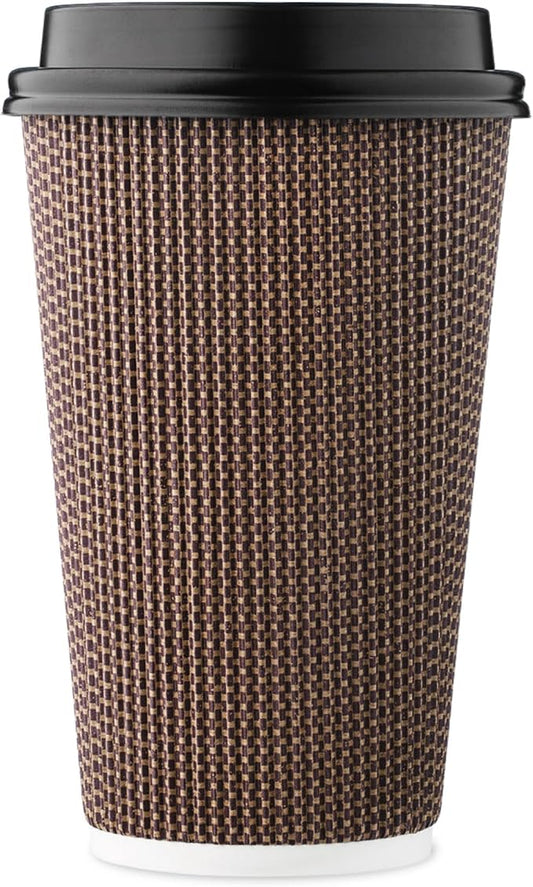 [85 SET]Harvest Pack 16 oz Disposable Coffee Cups, Insulated Ripple Double-Walled Paper Cups with Lids, Brown Geometric, Drinking Cups for Tea Hot Chocolate Drinks To go coffee cups
