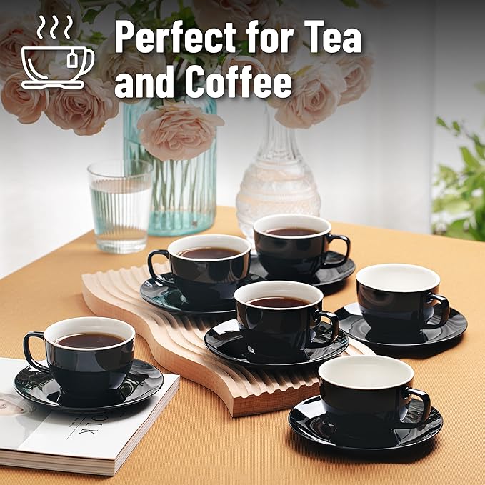BTaT- Cappuccino Cups with Saucers 6 oz, Set of 6, Black Porcelain Coffee Cup and Saucer Set for Latte, Mocha, Tea, Au Lait, Flat White, Dishwasher, Microwave, Freezer and Oven Safe
