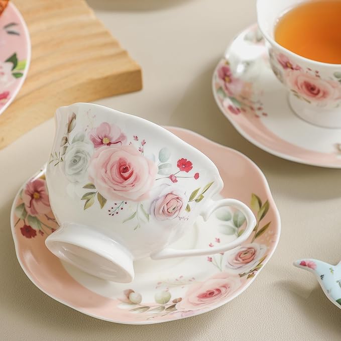 Floral Porcelain Tea Cup Set of 6 (12-Piece), 6 Cups & 6 Saucers with Rose Pattern, 6oz Scalloped Edge Coffee Cups, Dishwasher & Microwave Safe, Elegant Gift