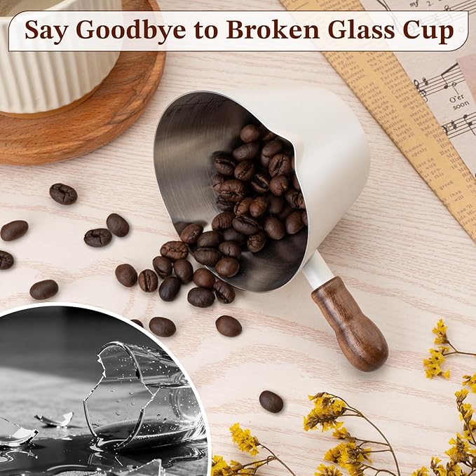 Espresso Cup, 6.8 oz/200 ml Stainless Steel Coffee Shot Measuring Cup with Wood Handle, Double V-Shaped Mouth and Clear Scale for Cappuccino Barista Coffee Bar Accessories, White