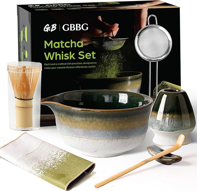 Matcha Whisk Set, Ceramic Matcha Kit Desert Style, Matcha Whisk and Bowl, Bamboo Scoop and Rest, Sifter and Tea Towel, 7 Pcs Gifts for Matcha Lover - Dark Green