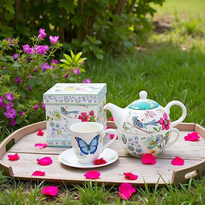 Lightahead Bone China Tea for One Set in Blue Bird Design, in attractive Reusable Handmade Gift Box (With Ribbon), Blue