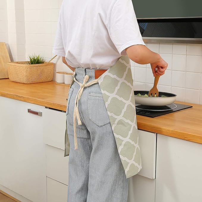 Tosewever 2 Pack Cotton Adjustable Bib Apron for Women, Cooking Kitchen Aprons with Pockets BBQ Drawing, Mom Woman Men Chef (Cotton - Grey/Green, 2) - Image 8