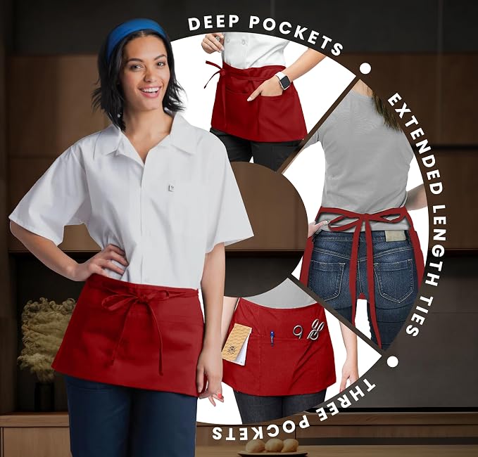 Avalon Kitchen Server Aprons with 3 Pockets, 100% Polyester Waist Apron with Pockets, 24x12 Inche Waitress Apron with Pockets - Image 3
