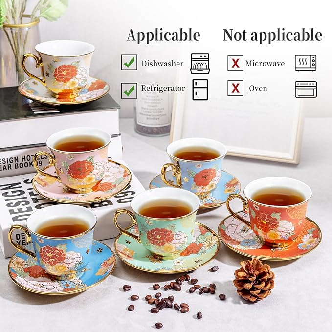 8 Set Tea Cups and Saucers, 8 OZ Floral Porcelain Cup and Saucers Set for Latte Cappuccino Espresso Mocha Afternoon Tea Birthday Wedding Party Supply Housewarming Women Gift