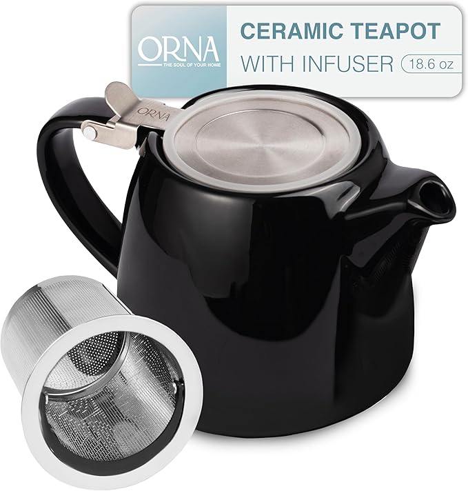 ORNA Ceramic Teapot with Tea Infuser – Small Tea Pot for Loose Leaf Tea – 550ml / 18.6 Oz Porcelain Non-Stove Teapot for 2 Cups with Tea Strainer (Black)