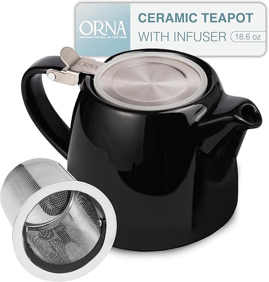 ORNA Ceramic Teapot with Tea Infuser – Small Tea Pot for Loose Leaf Tea – 550ml / 18.6 Oz Porcelain Non-Stove Teapot for 2 Cups with Tea Strainer (Black)