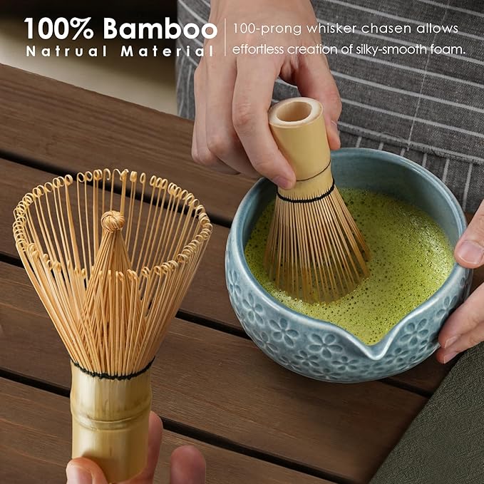 7Pcs Matcha Whisk Set, Matcha Set Whisk and Bowl,Bamboo Scoop, Scoop Rest, Sifter and Tea Towel, Matcha Kit W/Carved Cherry Blossm Pattern for Matcha Lovers (Sakura Blue)