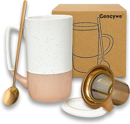 Ceramics Large Tea Cup with Loose Leaf Infuser, Spoon and Lid, 16 oz Tall Coffee Mug, Microwave and Dishwasher Safe, Rustic Matte Ceramic Glaze, Tea Strainer (Pink)