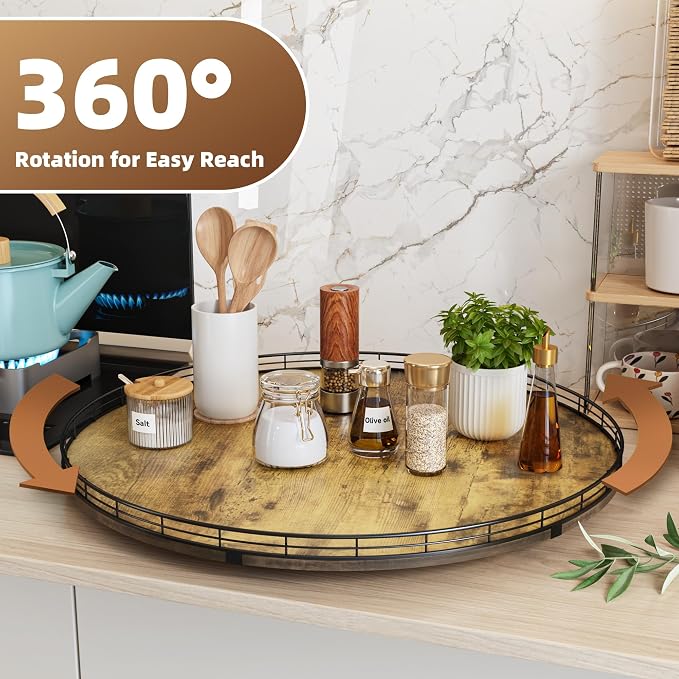 Lazy Susan Turntable Organizer for Table Top, 24’’ Round Wooden Lazy Susan for Cabinet Kitchen Countertop Pantry Dining Coffee Table for Condiments Spices, Rustic Bathroom Vanity Tray for Soap Candle - Image 3