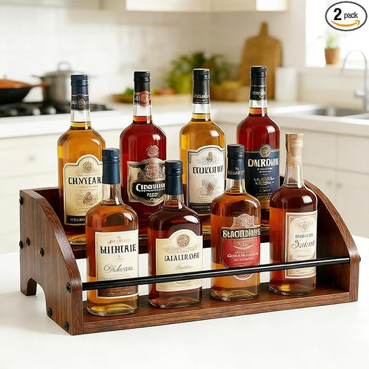 Rustic Wooden Countertop Organizer - Liquor Cabinet,Coffee Syrup Rack, Mini bar, Home Retro Bar Shelf Stand for Liquor, Whiskey, Spirits & Spices (2-Tier)