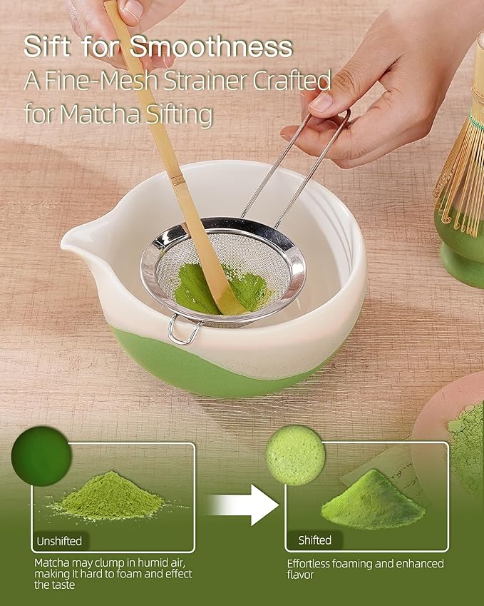 ZENS Matcha Whisk Set, 6pcs Matcha Kit Set, Matcha Bowl with Spout, Handcrafted Bamboo Whisk & Scoop, Chasen Holder, 304 Sifter & Tea Mat, Ideal Gift for Matcha Lovers, Birthday-Green