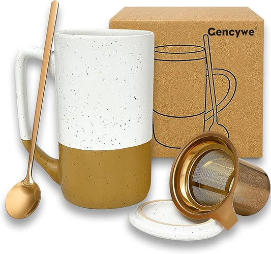 Ceramics Large Tea Cup with Loose Leaf Infuser, Spoon and Lid, 16 oz Tall Coffee Mug, Microwave and Dishwasher Safe, Rustic Matte Ceramic Glaze, Tea Strainer, Amber